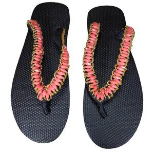 Beaded Flip Flops for Women Summer Style Sandals - (Pink, Gold)